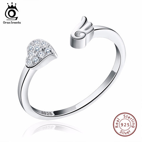 ORSA JEWELS Pure 925 sterling Silver Rings Paved Heart Shape&Angel Wing