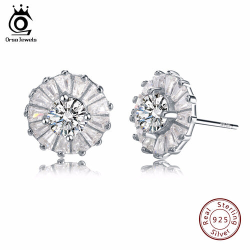ORSA JEWELSN 925 Silver Stud Earrings With Cubic Zirconia Round Shape