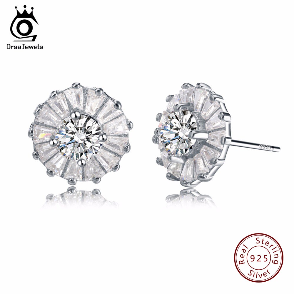 ORSA JEWELSN 925 Silver Stud Earrings With Cubic Zirconia Round Shape