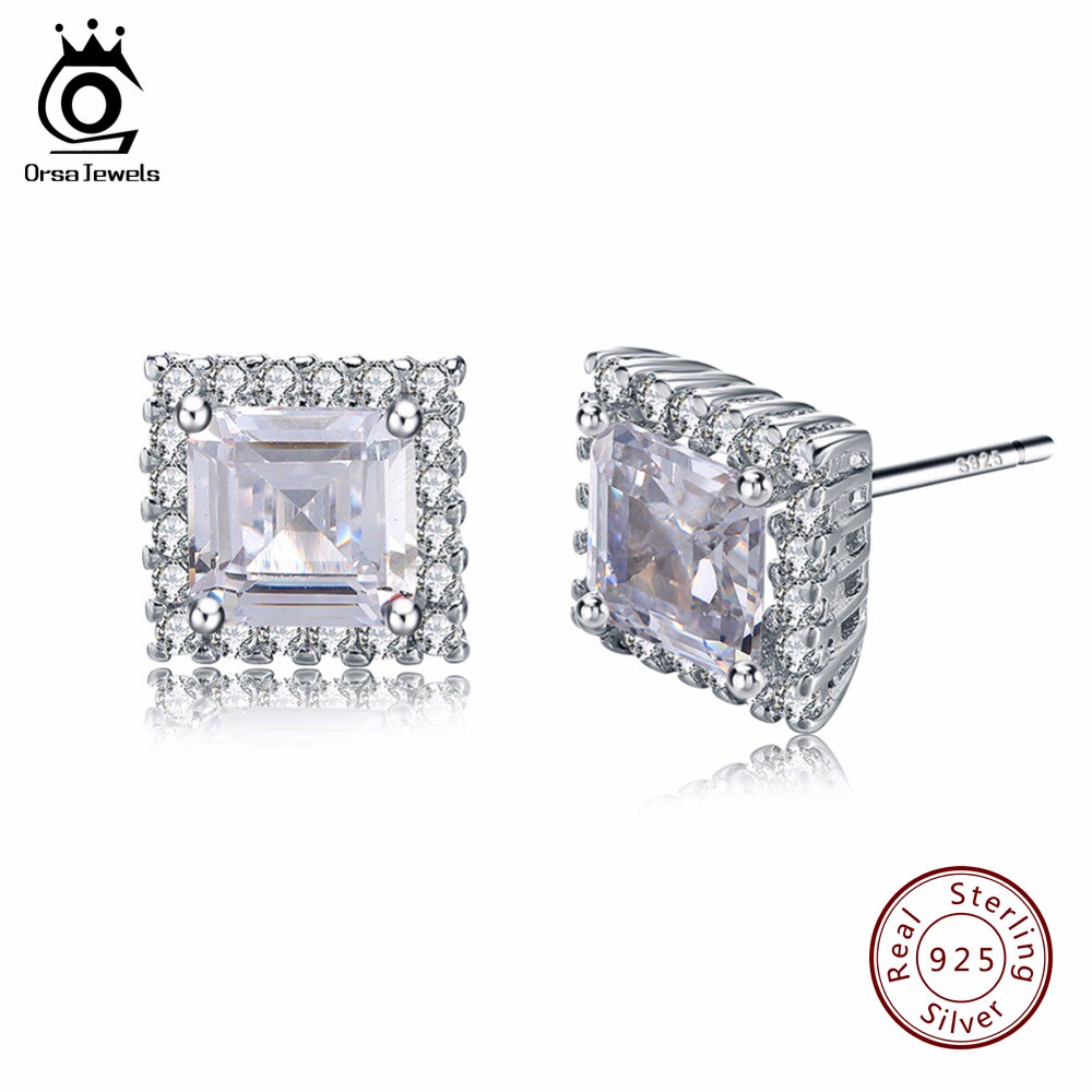 ORSA JEWELS 925 Sterling Silver Stud Earrings  1 Carat Big Shiny Austrian Cubic Zirconia