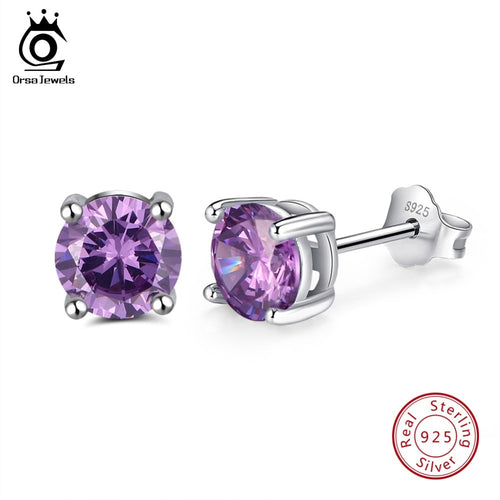 ORSA JEWELS 925 Sterling Silver Stud Earrings Purple Cubic Zircon