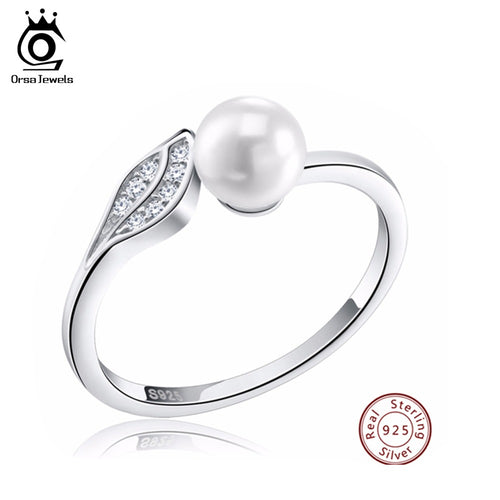 ORSA JEWELS 925 Silver Ring  Big Simulated Pearl with Leaf