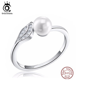 ORSA JEWELS 925 Silver Ring  Big Simulated Pearl with Leaf