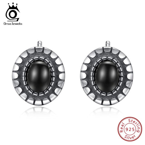 ORSA JEWELS 925 Sterling Silver Stud Earrings Obsidian Gun Black