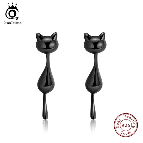 ORSA JEWELS925  Sterling Silver Stud Earringsn Hanging Lovely Black Cat's Tail