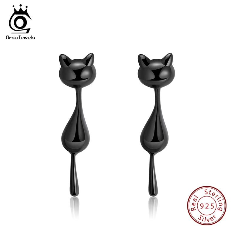 ORSA JEWELS925  Sterling Silver Stud Earringsn Hanging Lovely Black Cat's Tail
