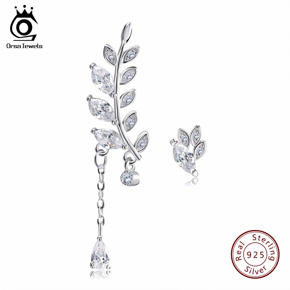 ORSA JEWELS  925 Sterling Silver Stud Earring  Classic Crystal Leaf