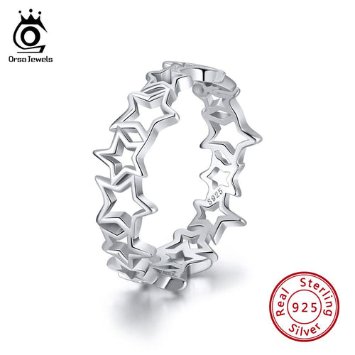 ORSA JEWELS 100% Real 925 Sterling Silver Women Finger Ring Hollowed Star Patchwork 6MM High Polished Shiny Silver Jewelry SR103