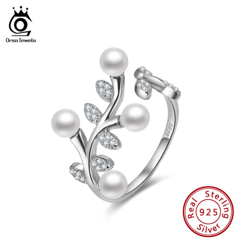 ORSA JEWELS 925 Silver Ring Simulated Pearl Plant Shape
