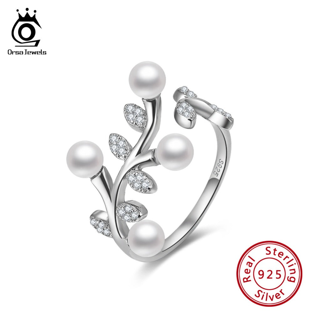 ORSA JEWELS 925 Silver Ring Simulated Pearl Plant Shape